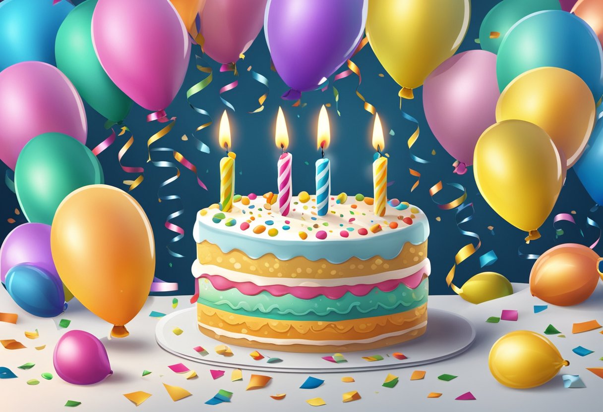 Colorful balloons and confetti surround a birthday cake with lit candles. A banner with "Birthday Wishes and Messages" hangs above the festive scene