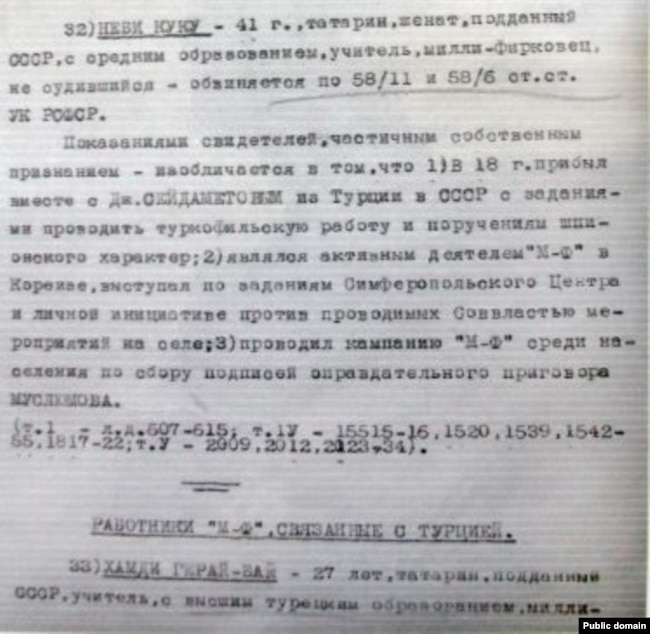 Уривок із матеріалу ОГПУ 1920-х років про «справу партії «Міллі-Фірка». Сторінка про діяльність Небі Куку