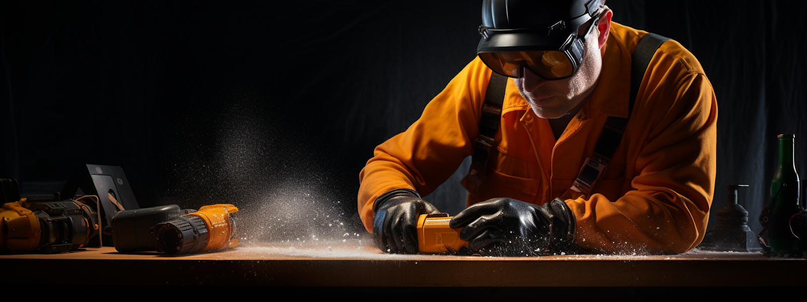 a person wearing goggles and gloves removes nearby kitchenware and building materials before extracting a lodged drill bit from a spray foam gun, while a disconnected power cord lies on the ground.