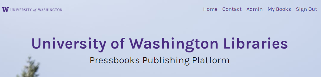 screenshot of UW Pressbooks homepage with top menu