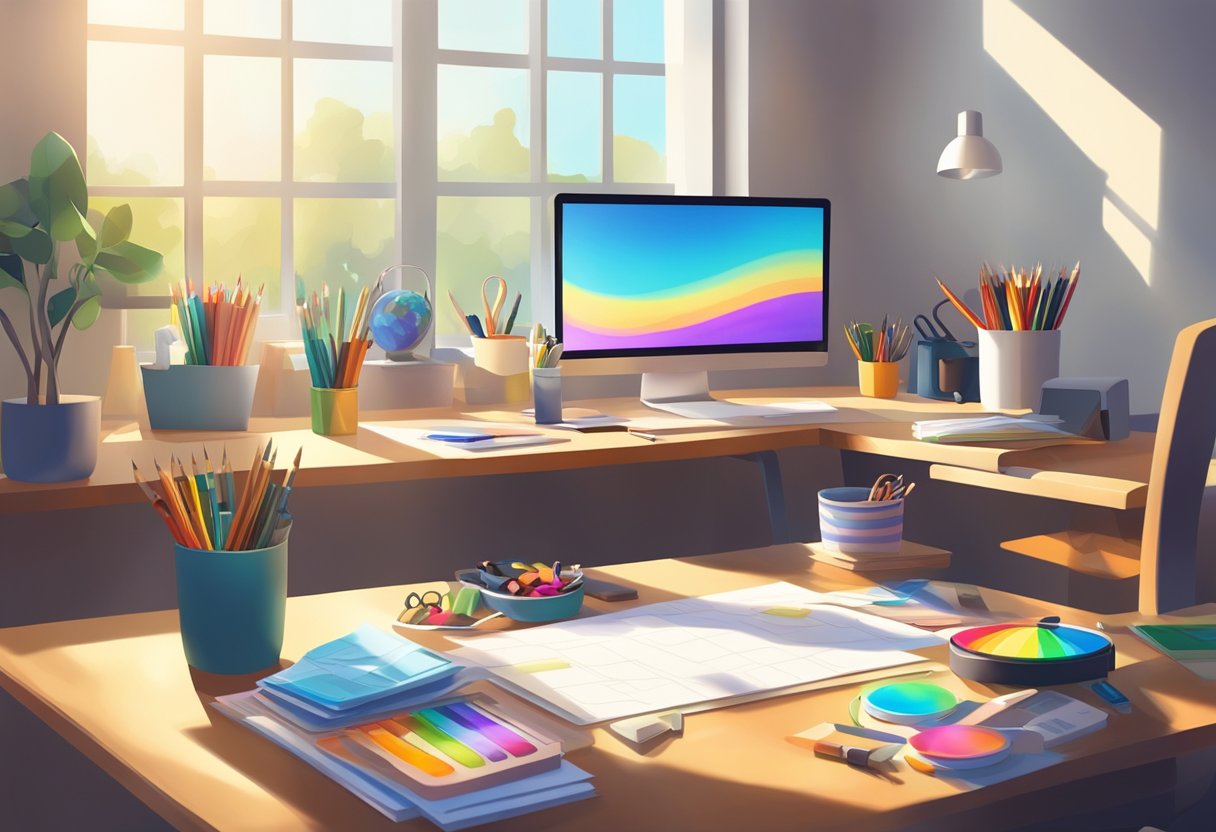 A desk cluttered with art supplies, a computer, and a custom calendar mockup. Sunlight streams through a window, casting shadows on the colorful designs