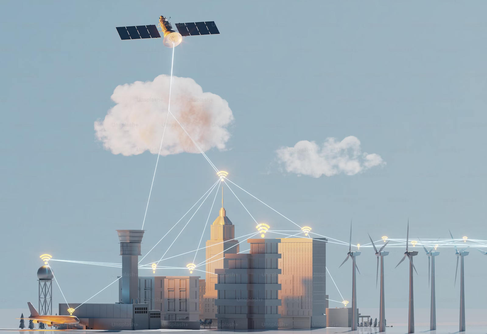 cidade inteligente: ilustração de redes de wi-fi conectados a um satélite