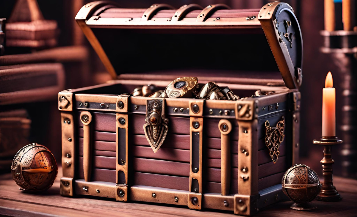 A carved, wooden chest, ajar, reveals a trove of metal artifacts.