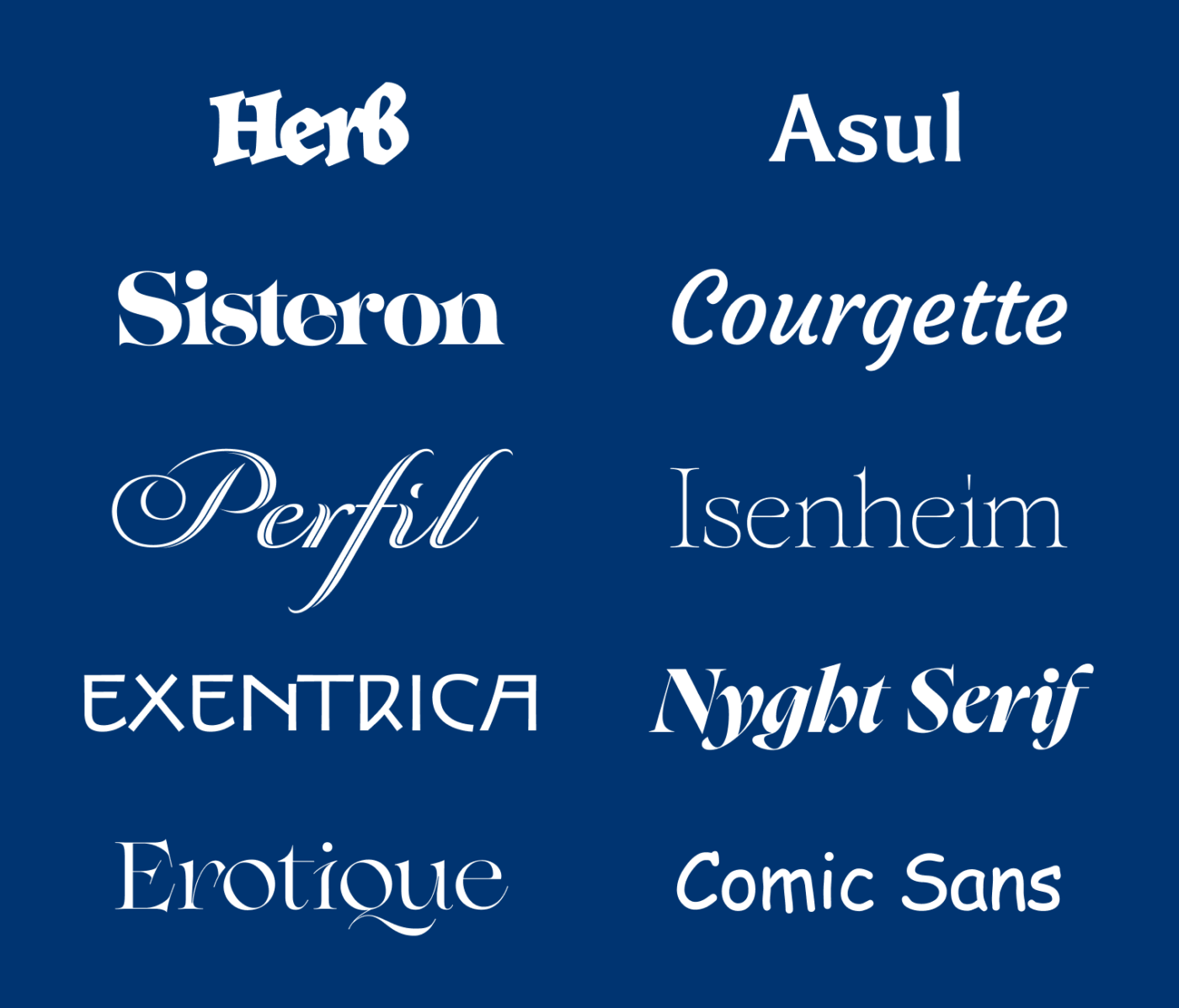 Herb, Asul, Sisteron, Courgette, Perfil, Isenheim, Exentrica, Nyght Serif, Erotique y… Comic Sans