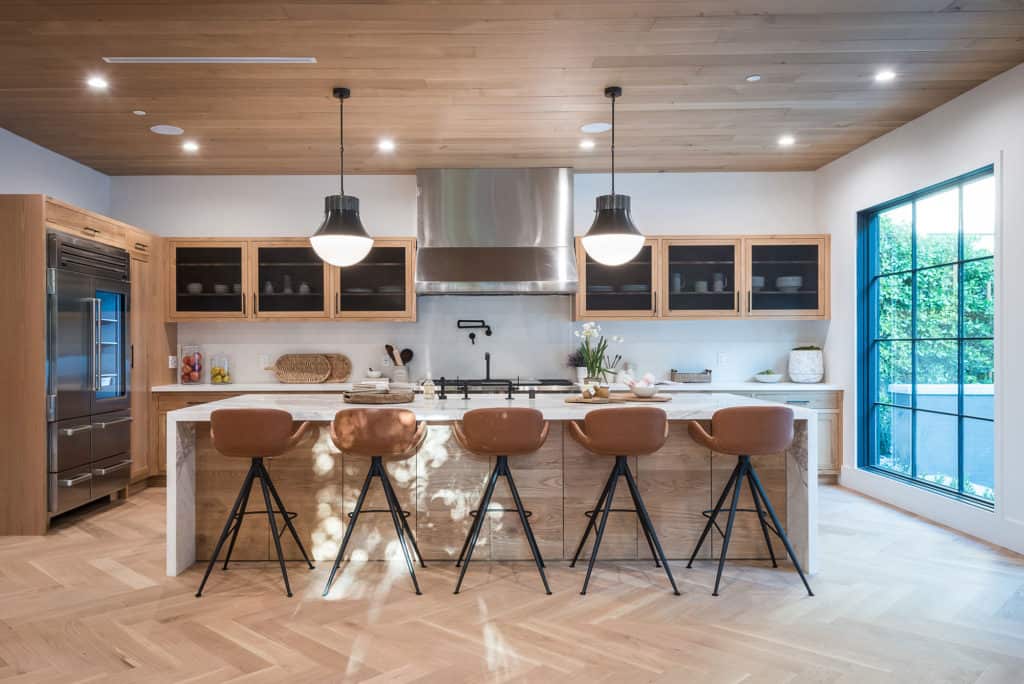 Home kitchen interior with warm white lights