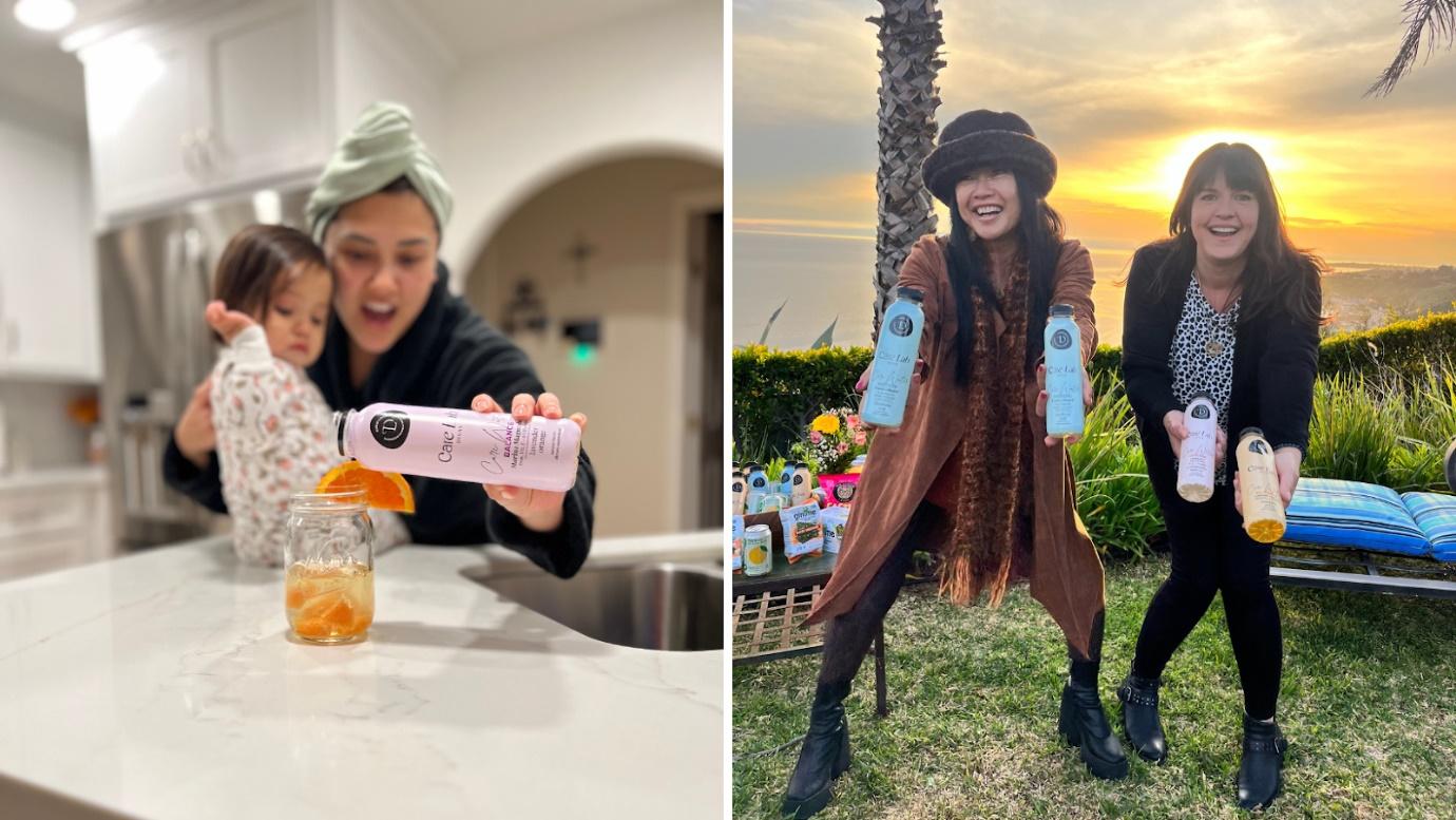A collage of two women holding bottlesDescription automatically generated
