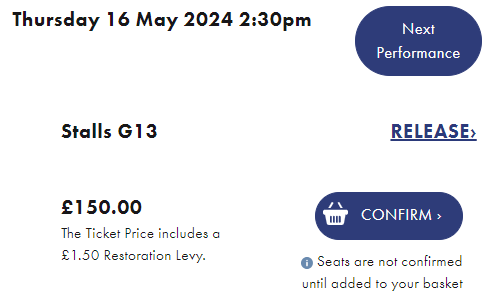 Tickets to Les Miserables in London at the Sondheim Theatre on Thursday 16th May 2024. Stalls G13 priced at £150