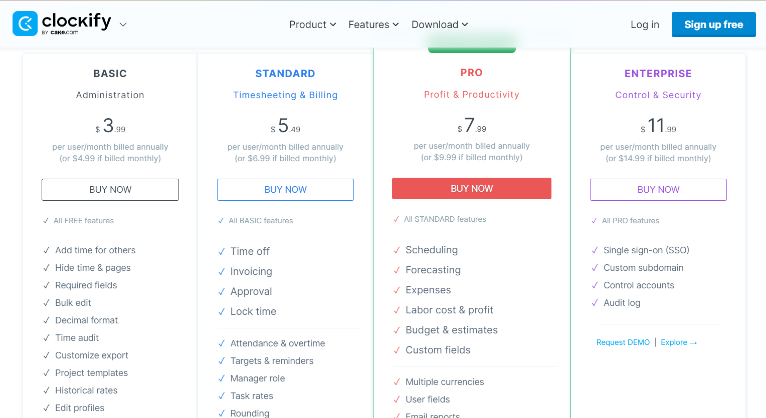 Pricing Plans for Clockify