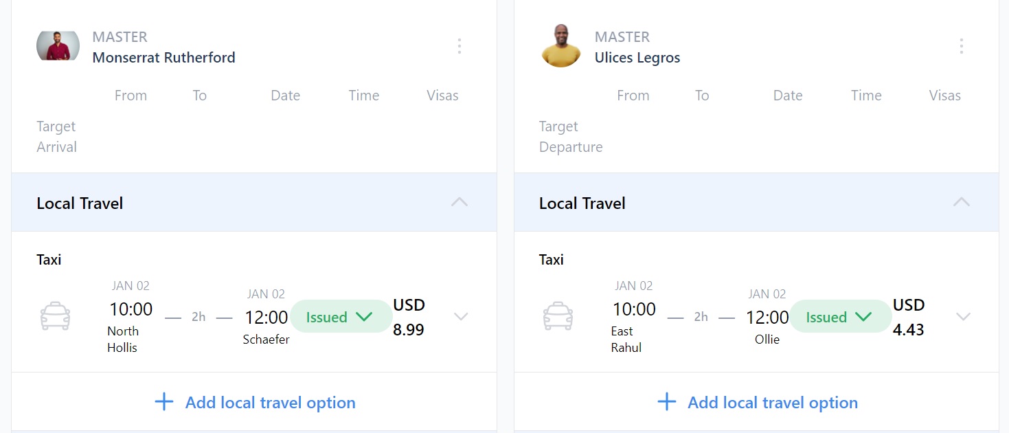 Screenshot of Martide's maritime crew management system showing the Travel page with a seafarer's arrangements