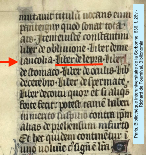 The second of two images from two medieval manuscripts. On the left, a manuscript page including the words in red, “Incipit liber elefantie” (Here begins the Book on Leprosy). On the right, a neatly written manuscript page with a red arrow and underlining flagging the words “Liber de lepra” (Book on Leprosy). Sources: Cambridge, Gonville and Caius College, MS 411/415, f. 109v; and Paris, Bibliothèque de la Sorbonne, MS 636, f. 26v.