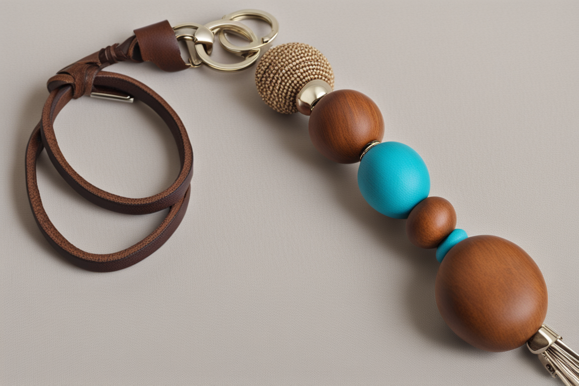 Chic wood bead keychain attached to a leather purse