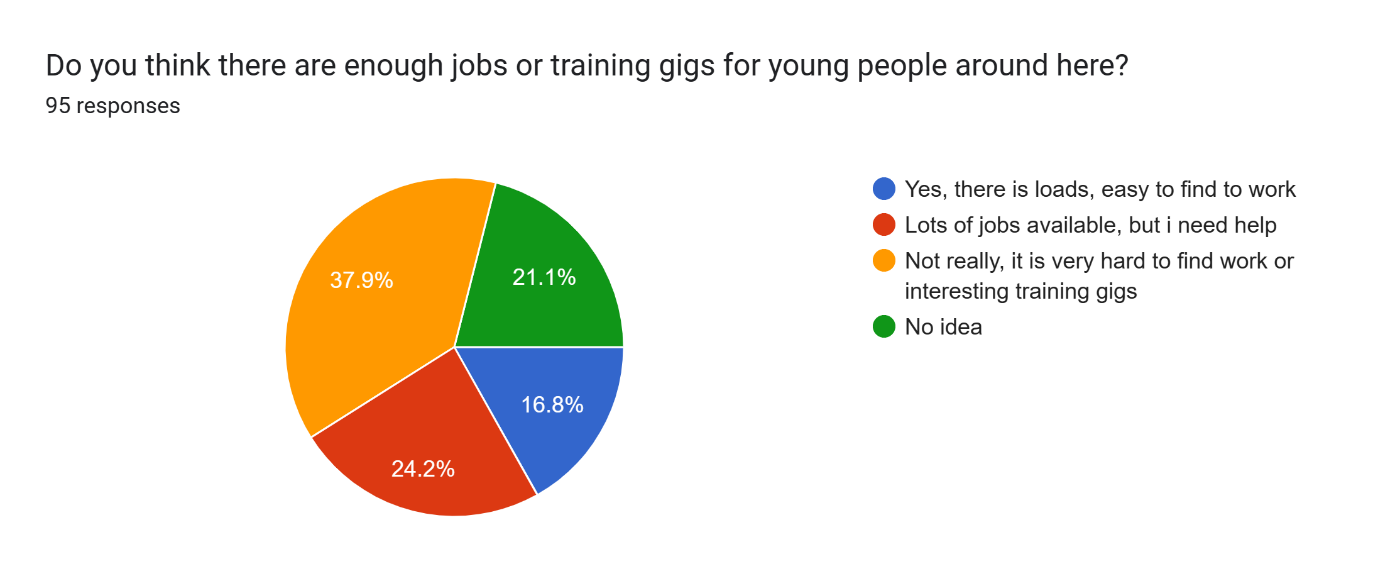 Forms response chart. Question title: Do you think there are enough jobs or training gigs for young people around here?
. Number of responses: 95 responses.