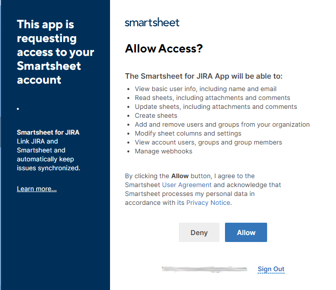 smartsheet jira connector screen requesting access to jira
