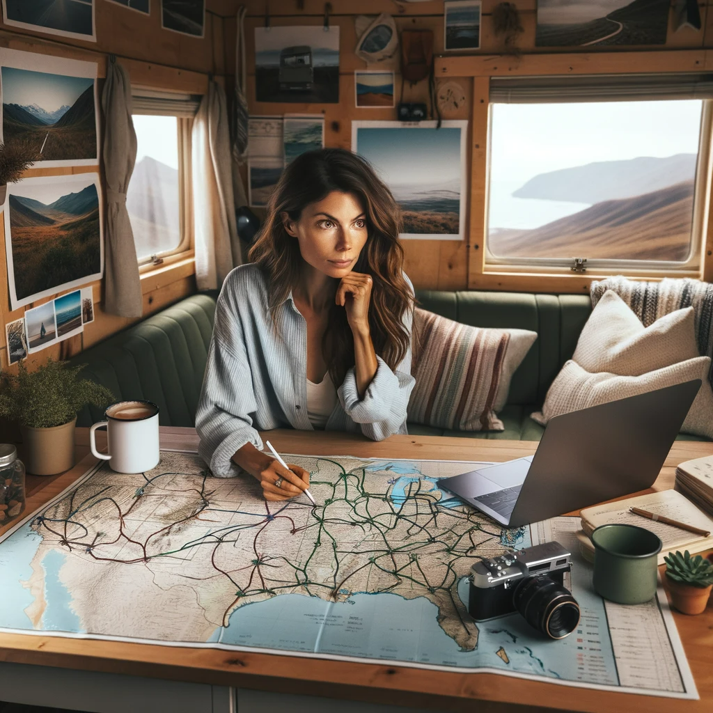 Woman sitting inside her van planning her route on a map. 