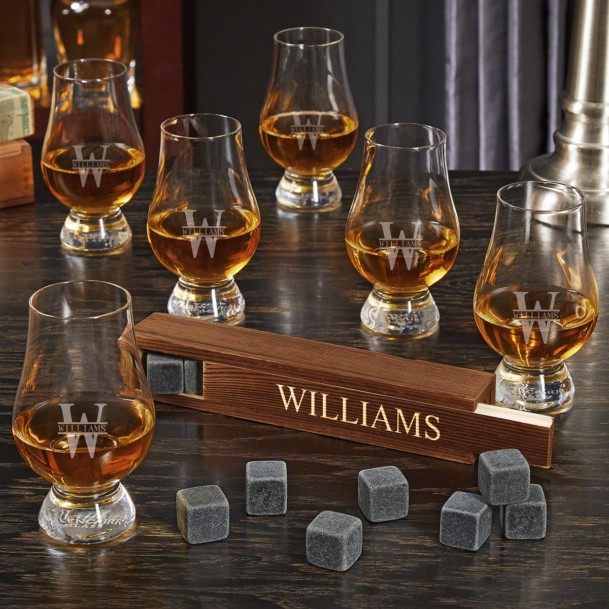 Oakmont Engraved Whiskey Stone Set with 6 Glencairn Whiskey Tasting Glasses