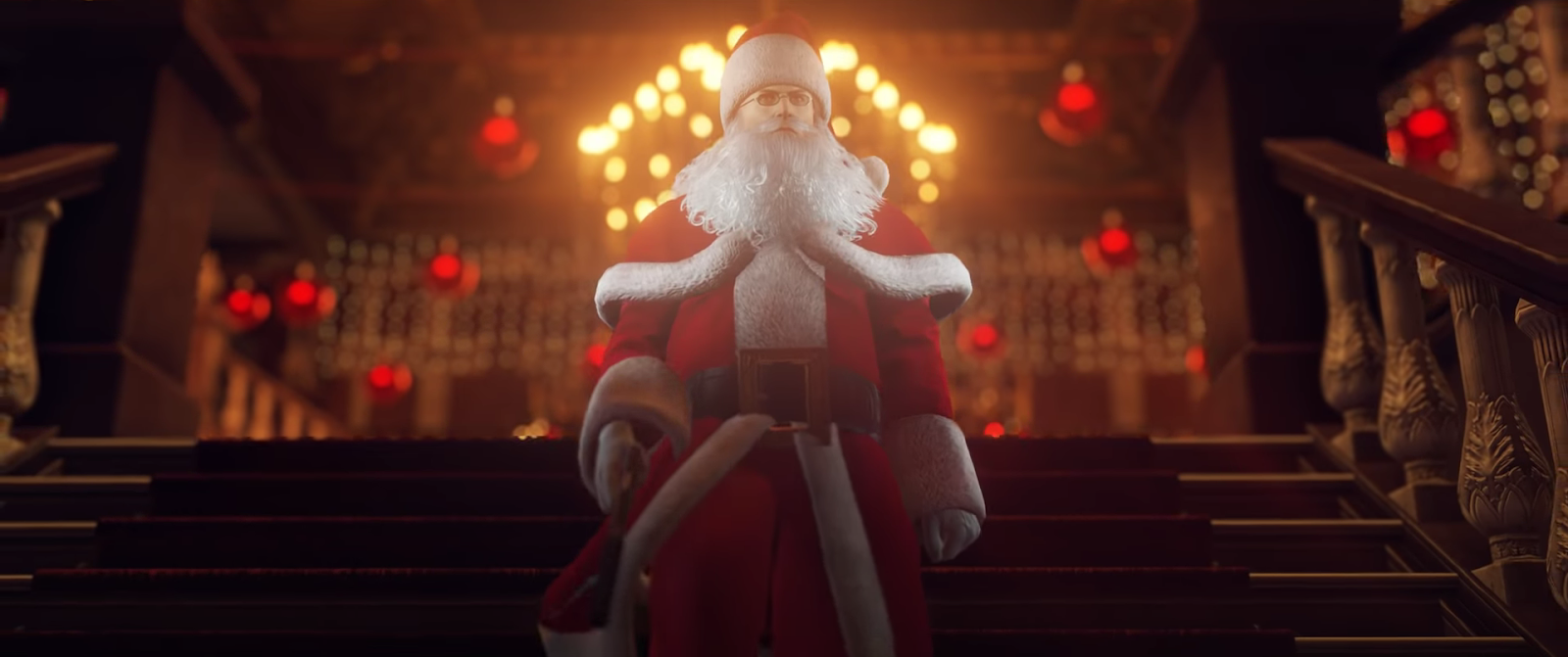 A screenshot of Agent 47 dressed as Santa Claus from the Hitman Holiday Hoarders bonus episode. 