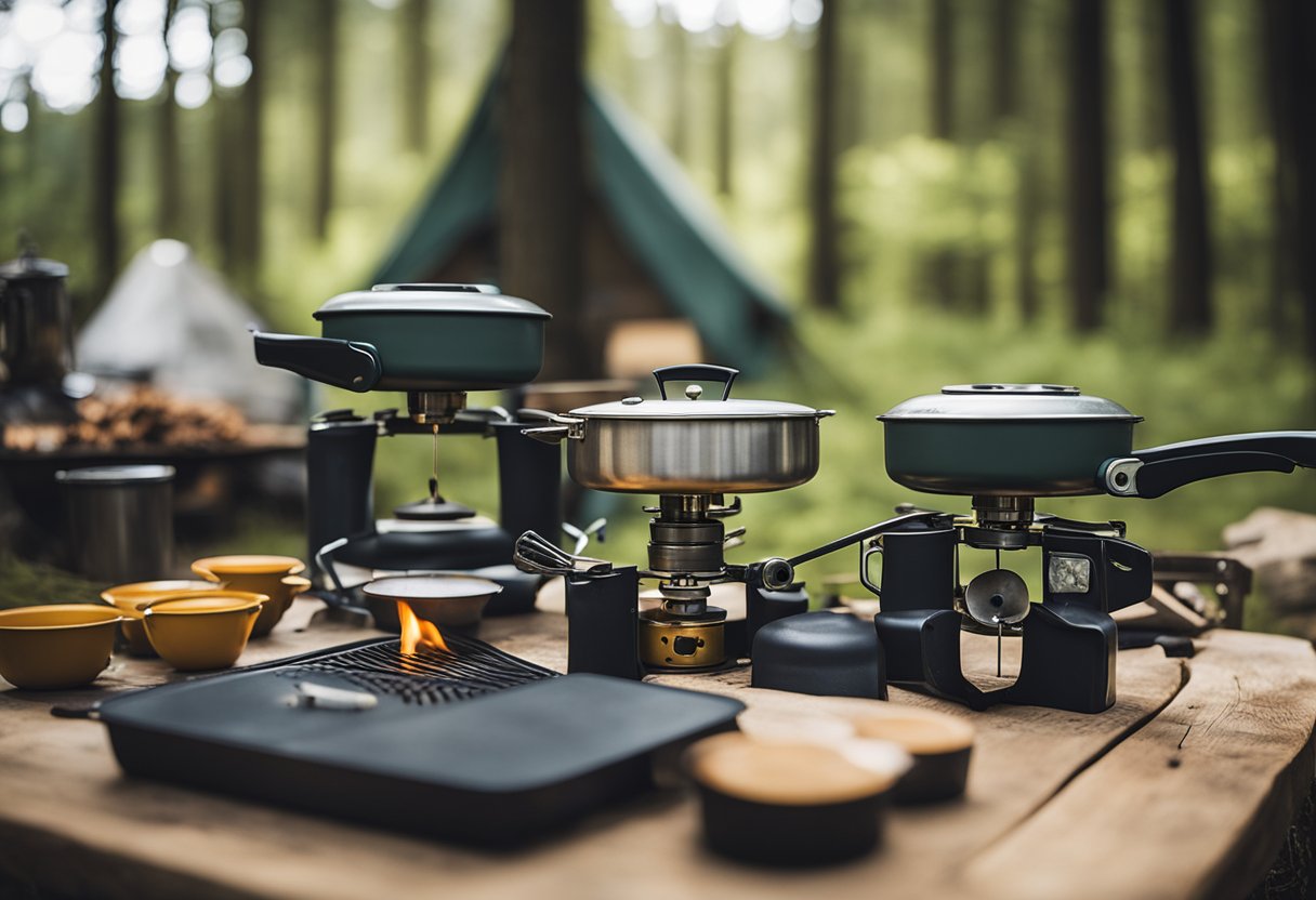 A campsite with a variety of camping stoves set up on a sturdy table, surrounded by cooking utensils and fuel canisters. The stoves should be clearly visible and distinct from one another