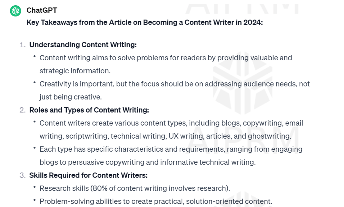 Image of ChatGPT result for summarizing articles.