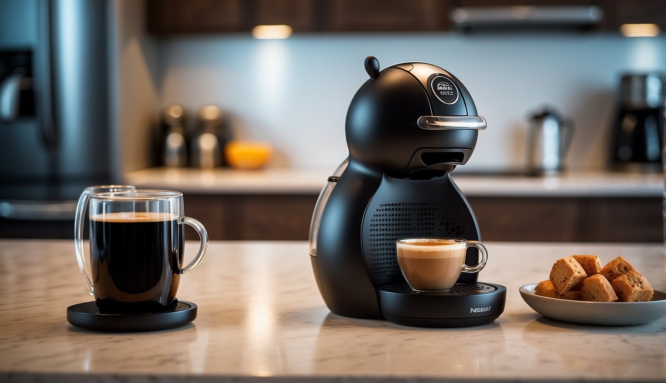 A sleek black Nescafé Dolce Gusto Mini Me machine sits on a countertop, surrounded by modern kitchen appliances