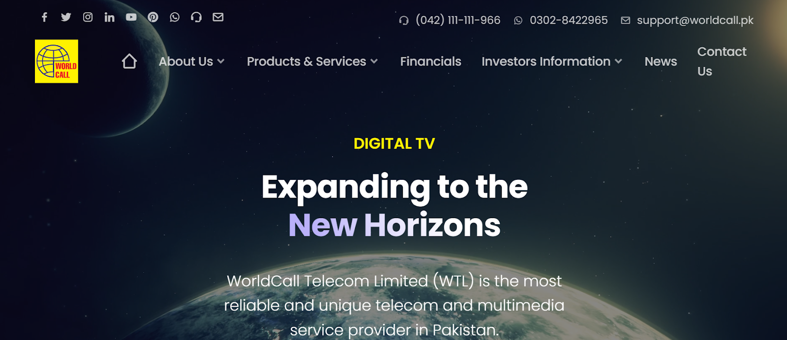 Worldcall Telecom Limited website snapshot highlighting the services it provides.