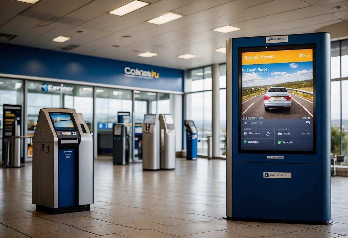 A car rental kiosk at Newcastle Airport with a variety of vehicles available. A map of Newcastle and surrounding areas displayed prominently
