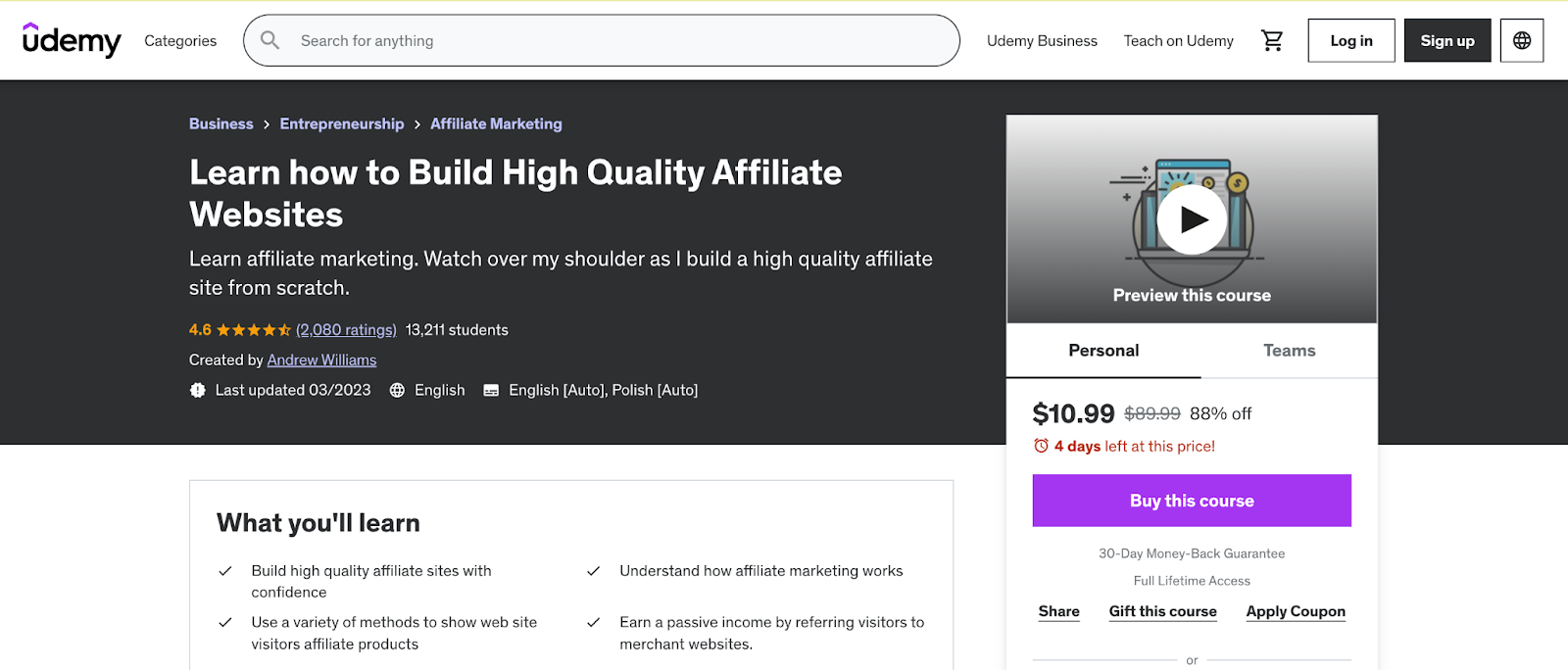 Learn how to Build High Quality Affiliate Websites course page on Udemy