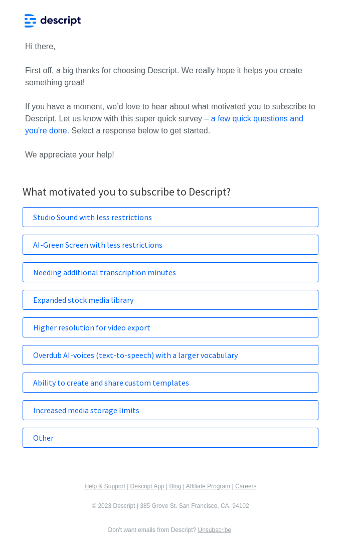 example of a post-purchase email survey by Descript