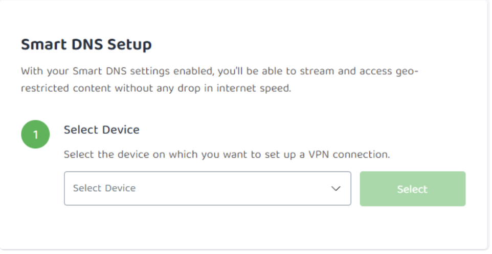 PIA 的 Smart DNS 设置，带设备选择下拉框