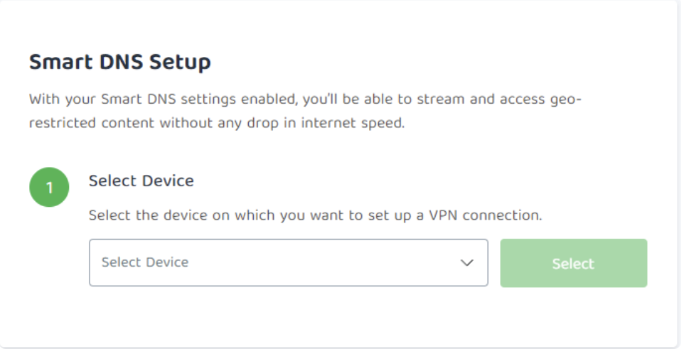 PIA's Smart DNS setup with device selection drop-down bar