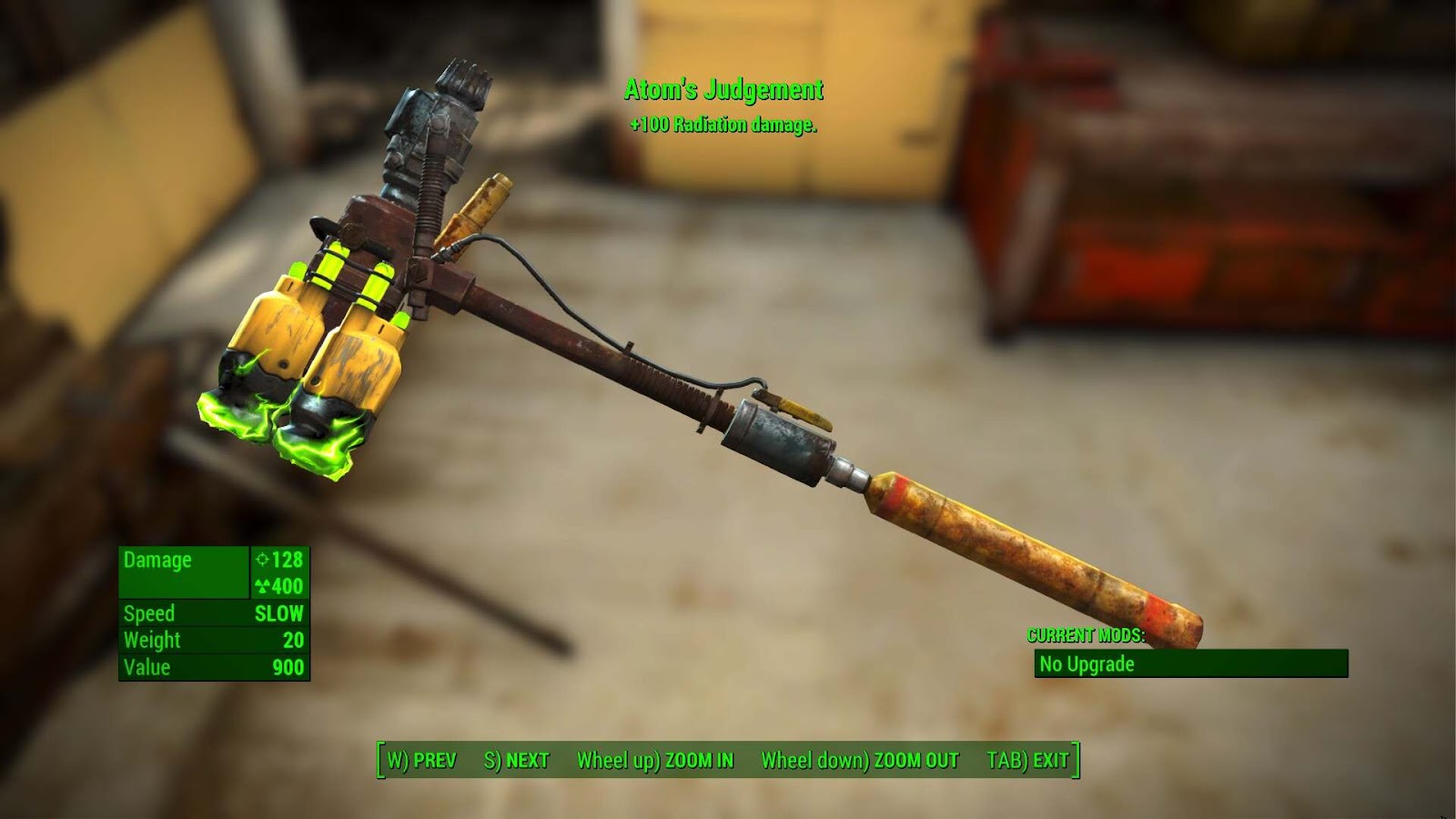 Atom's Judgement, a motorized sledgehammer with leaking Fusion Cores attached to its head, viewed through the inventory UI of Fallout 4.