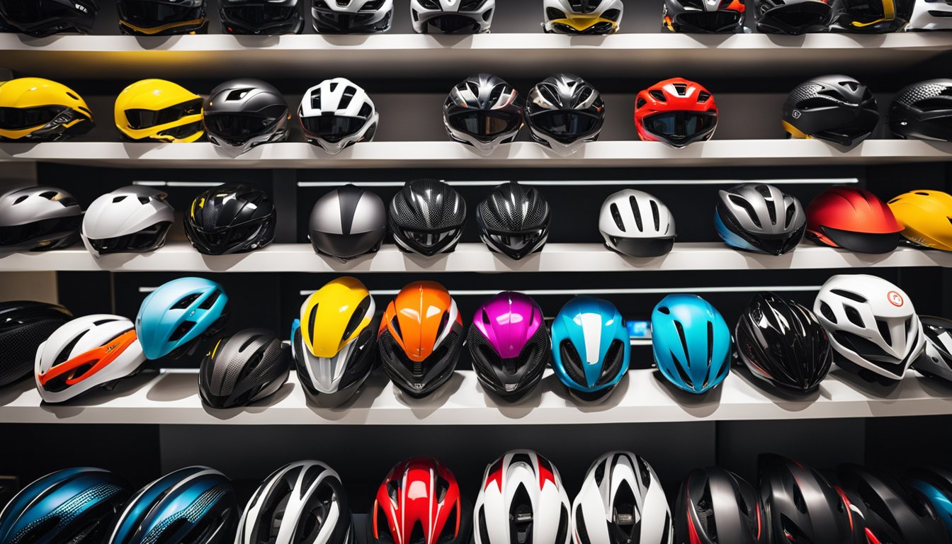 A group of sleek, aerodynamic road bike helmets lined up on a display shelf, showcasing the latest designs and technology in cycling head protection