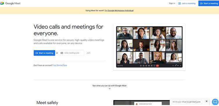 Screenshot of google meet home page.