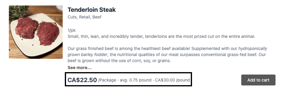 Tenderloin steak listing on an online farm store.