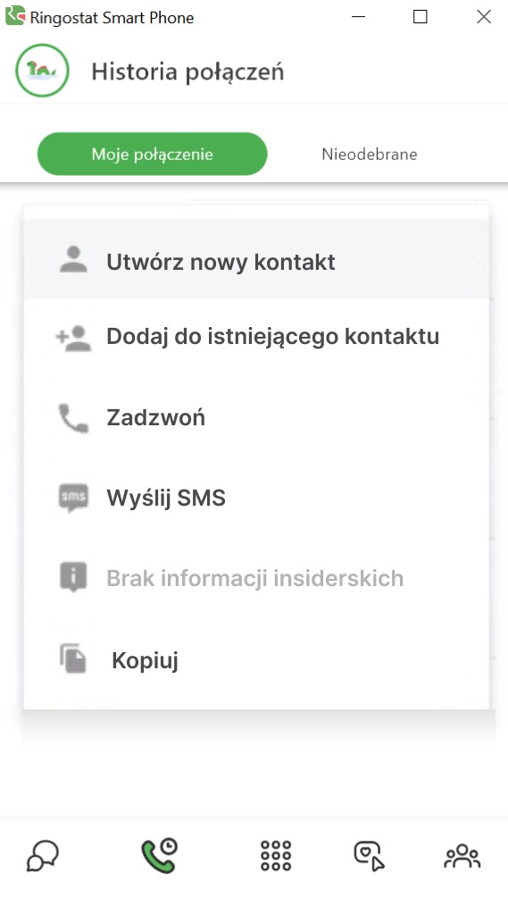 Ringostat, mini-CRM, tworzenie kontaktu w sekcji Historia połączeń