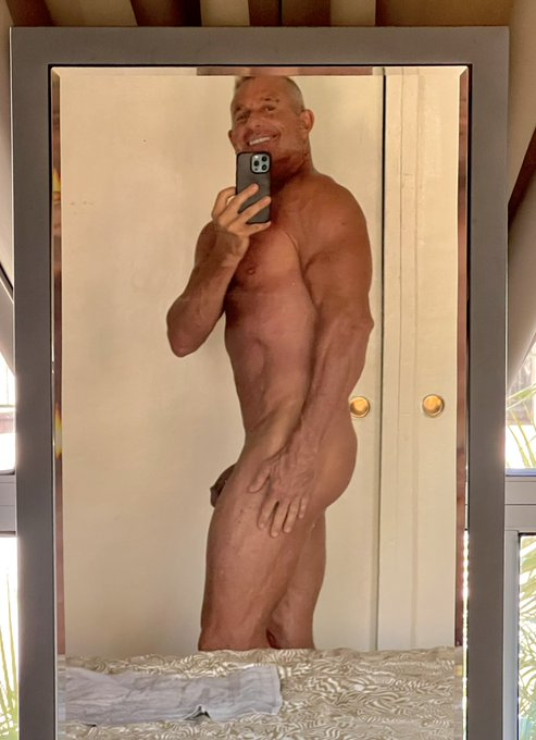 Matthew Figata flexing and taking a naked iphone mirror selfie showing off his flaccid cock