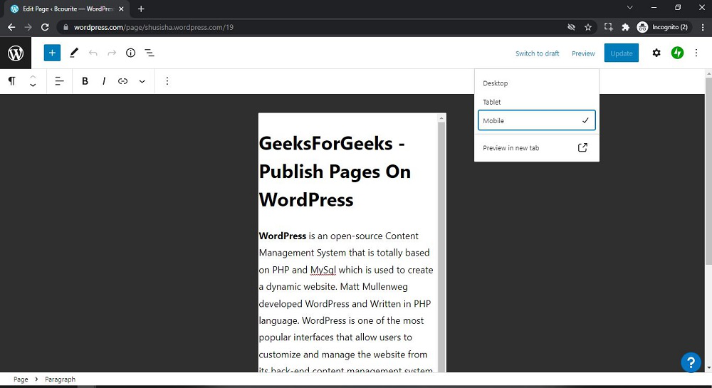 WordPress Preview Page in Mobile
