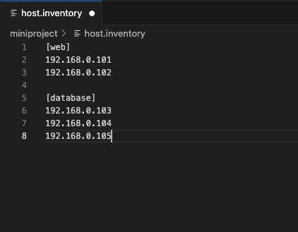 Ansible Inventory file showing a group of hosts web, and databases listed by their IP addresses.