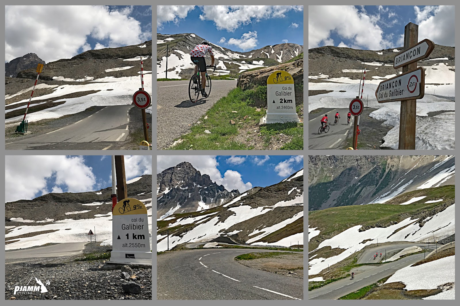 Cycling Col du Galibier from Valloire: photo collage shows PJAMM Cyclists riding toward snow capped mountain peaks, KM marker signs for Galibier