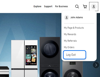 Log out button highlighted on the Samsung website in a web browser