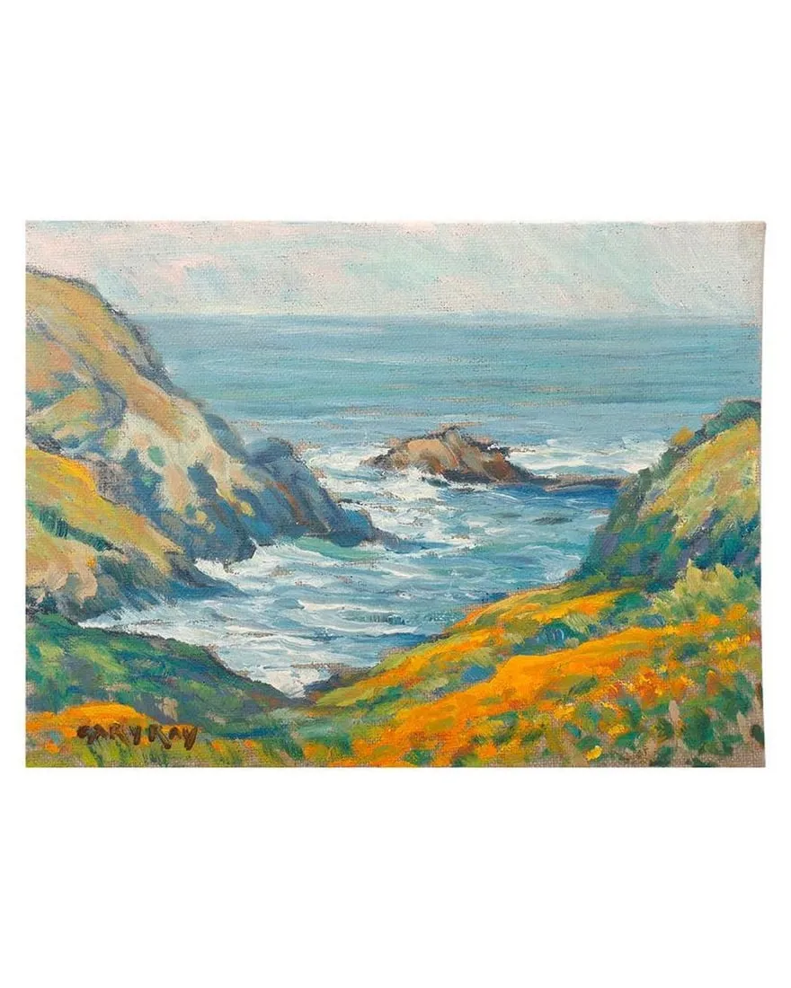 A painting of a sea and mountainsDescription automatically generated