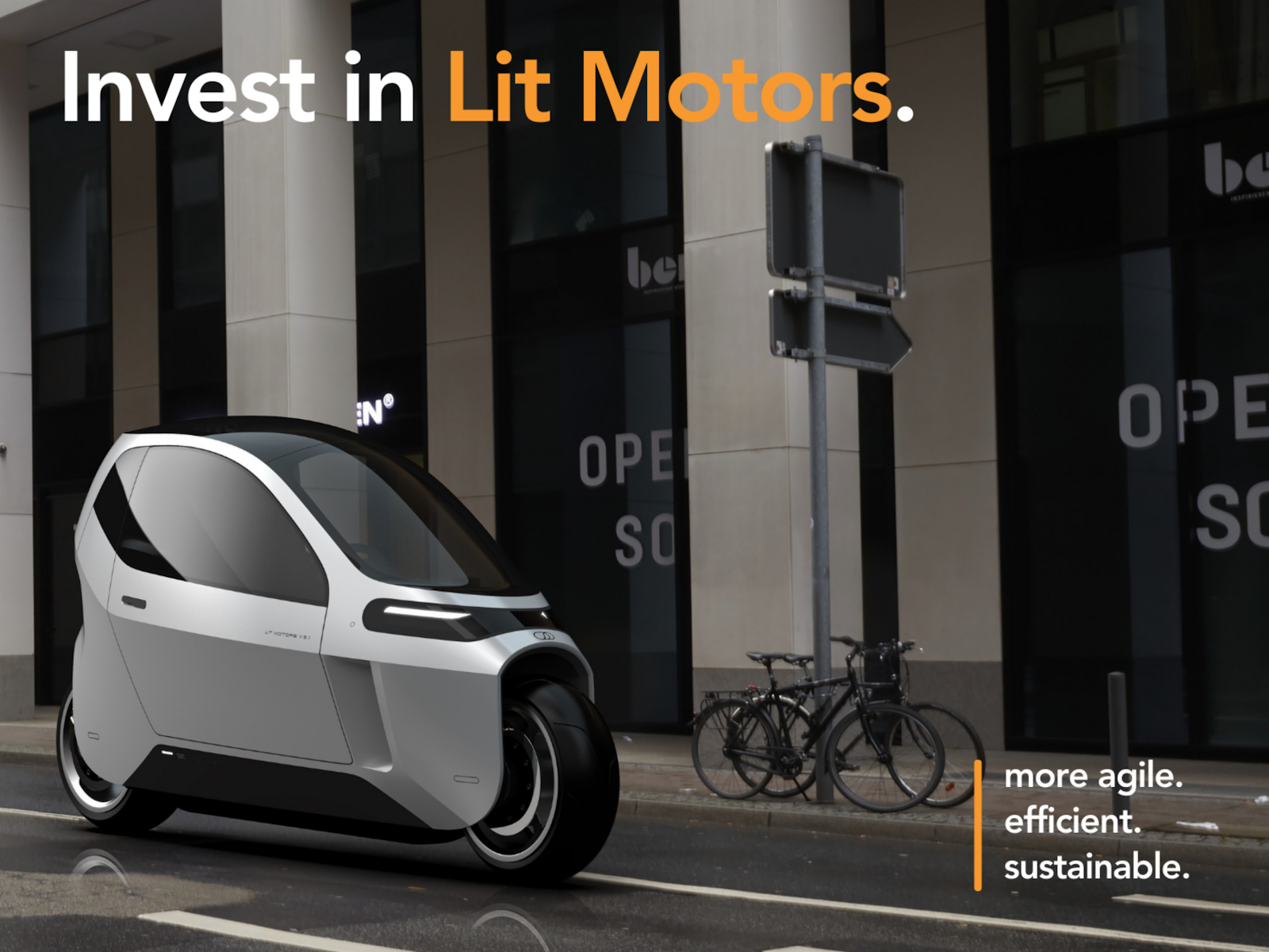 Invest in Lit Motors. More agile, efficient, sustainable. Rendering of Lit Motors AEV parked in a city scape.