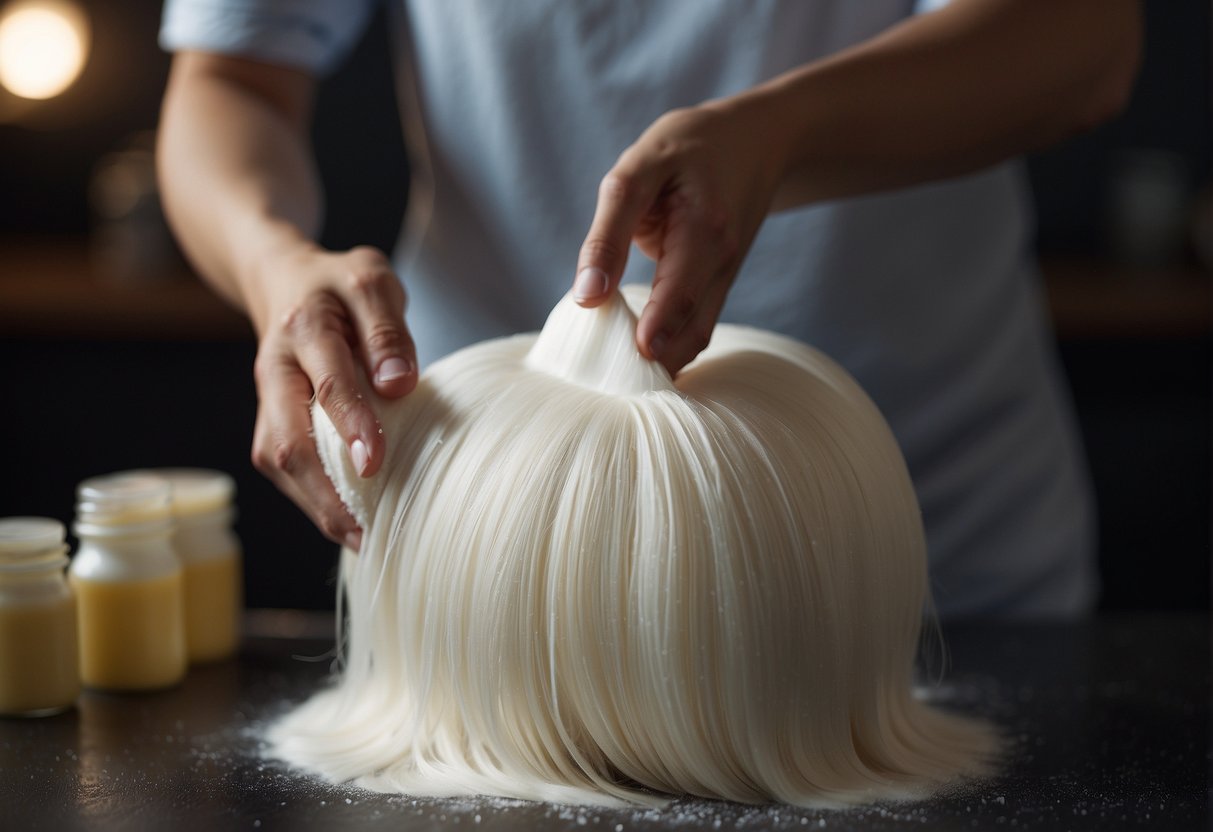 A hand pours cornstarch onto a synthetic wig, massaging it in, then brushing it out to clean without wig shampoo