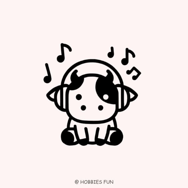 Cute Cow Listening to Music Drawing