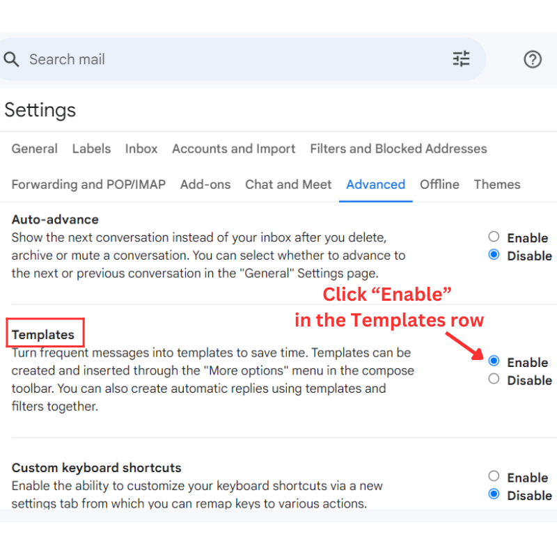 Click Enable in the Templates row
