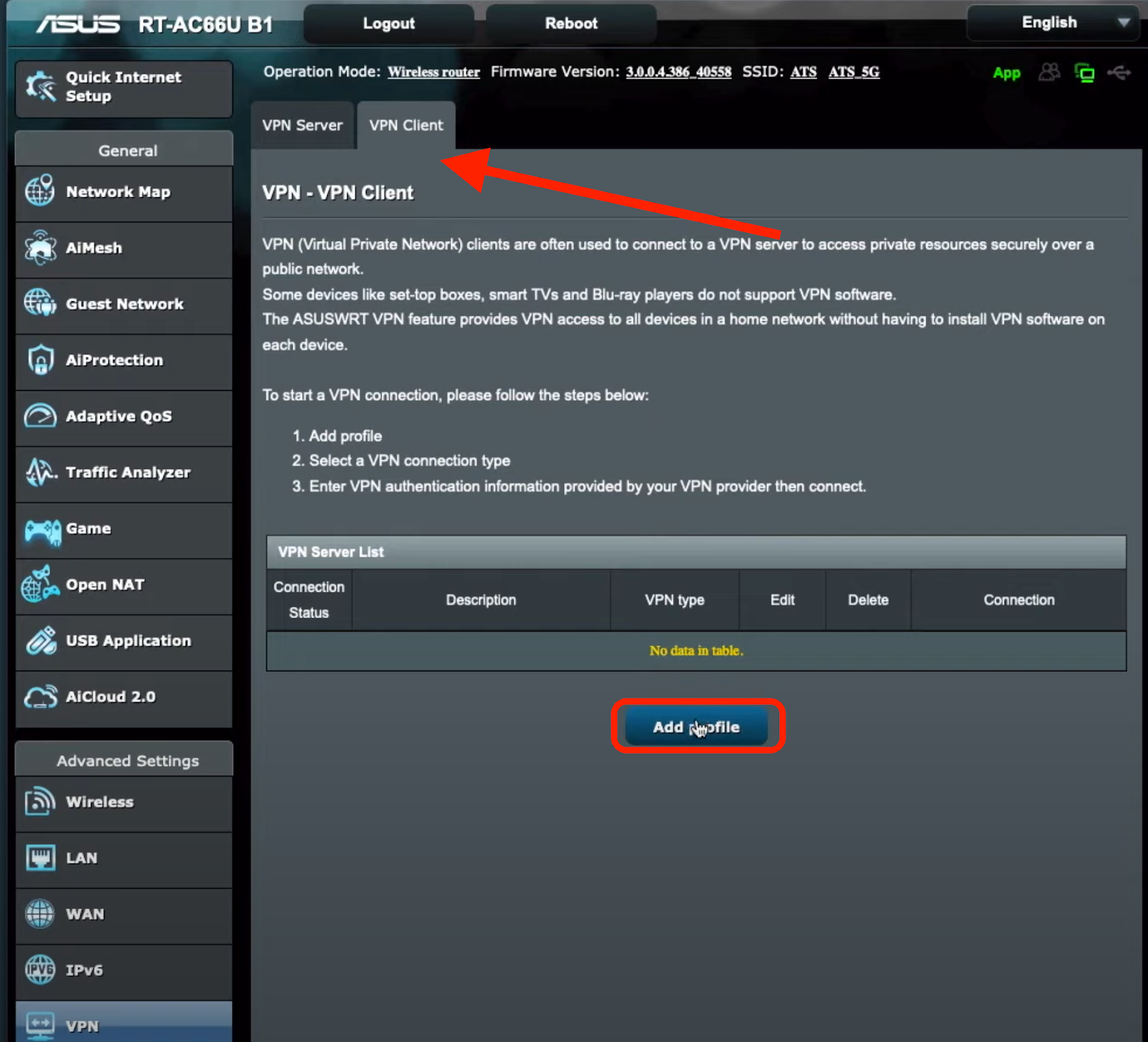 Screenshot of Asus Wi-Fi router VPN client settings page