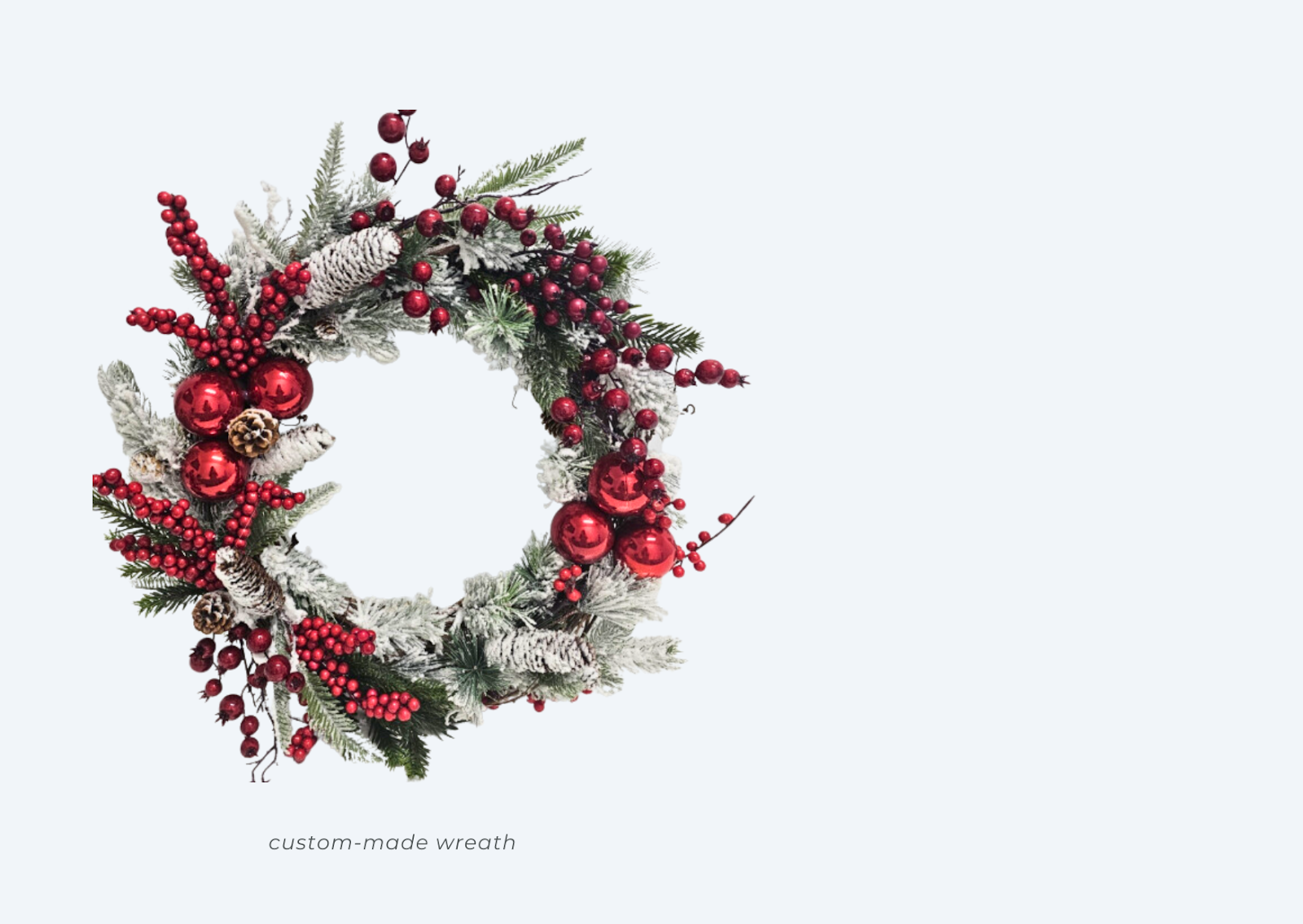 Explore the captivating Christmas Wreath 05 adorned with artificial flocked pine greenery, harmonizing with pine cones, red ilex, berries, and red baubles. A festive masterpiece radiating seasonal vibes, capturing the essence of the holiday spirit. 