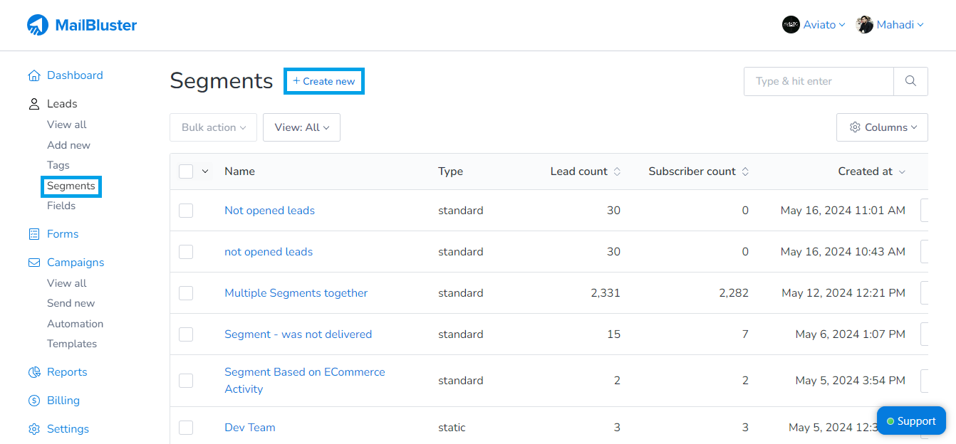 Creating new segments section in MailBluster