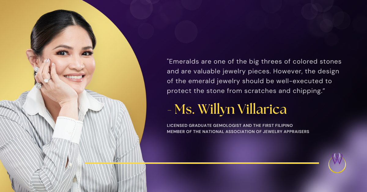 Ms. Willyn Villarica discusses emeralds' value and the need for protective designs.