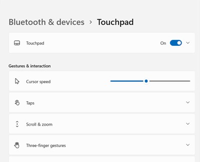 List of Touchpad settings for Windows 11