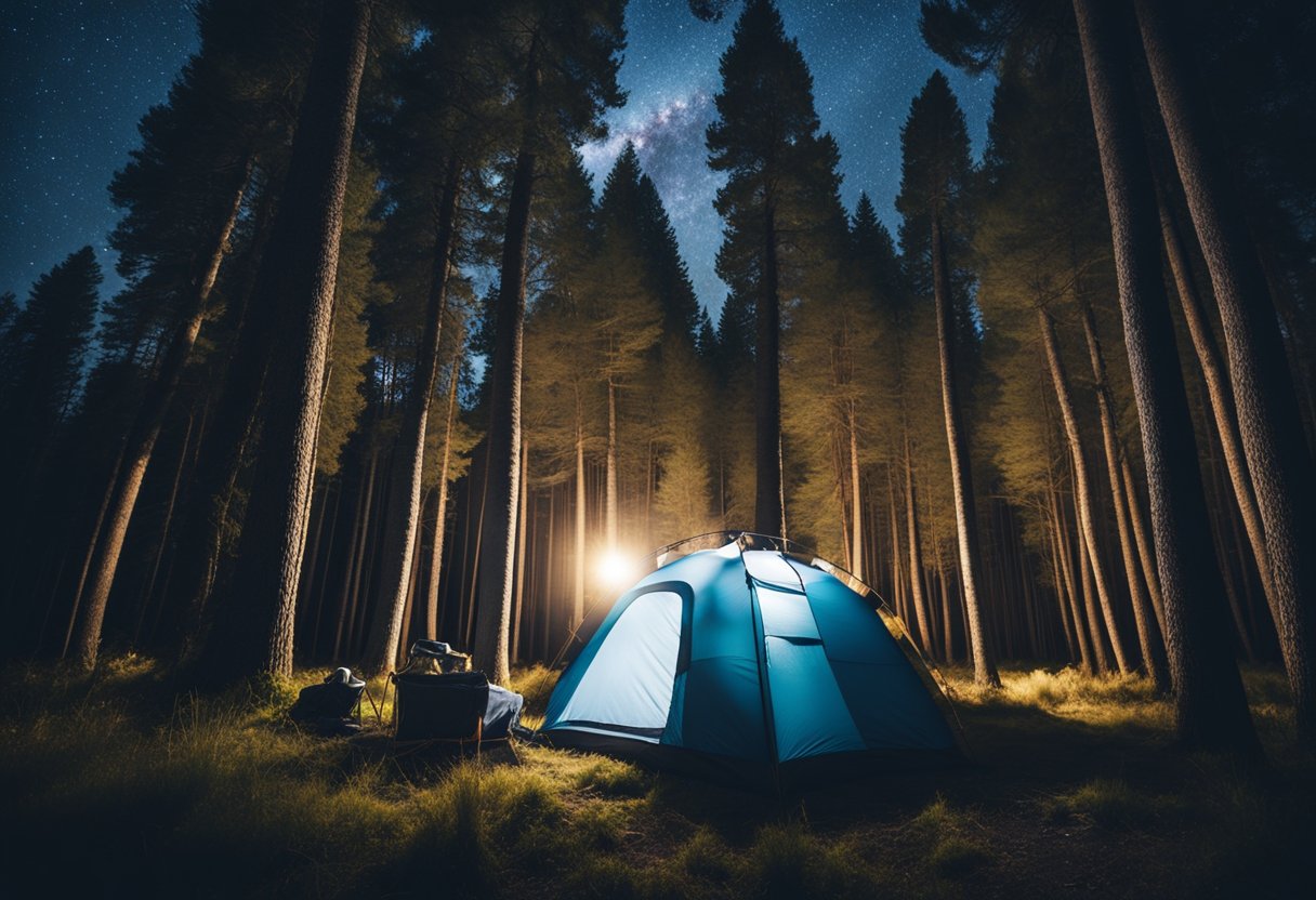 A camping generator hums quietly next to a glowing tent, surrounded by tall trees and a starry night sky